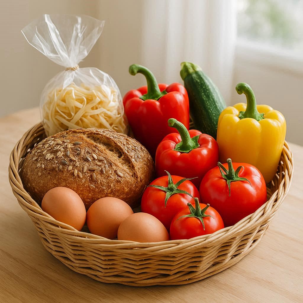 Panier bien-être avec pain bio, œufs, légumes frais et pâtes artisanales dans le Var